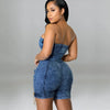 Rompers Women One Piece Elegant Splice Denim Jumpsuits Sexy Slim Fit Strapless Sleeveless Short Pants Sheath Playsuits