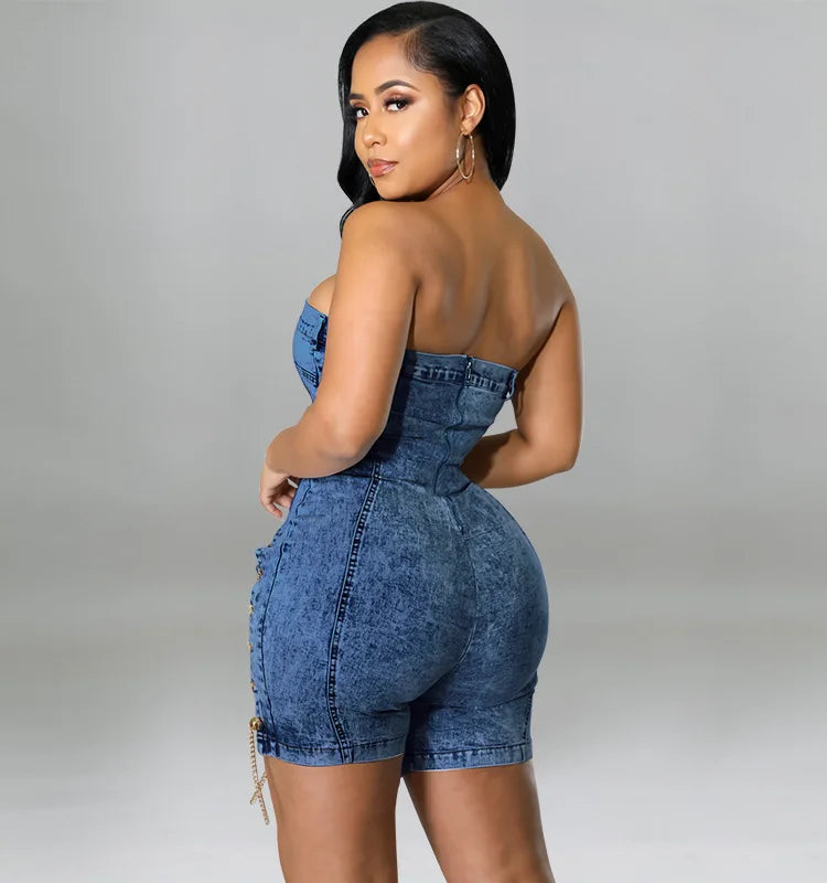 Rompers Women One Piece Elegant Splice Denim Jumpsuits Sexy Slim Fit Strapless Sleeveless Short Pants Sheath Playsuits