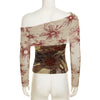 CIBBAR Vintage Mesh See Through Cropped Top y2k Aesthetic Floral Print Slash Neck Long Sleeve T-Shirts Women Retro Fashion Tees