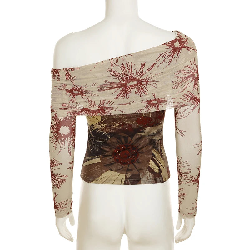 CIBBAR Vintage Mesh See Through Cropped Top y2k Aesthetic Floral Print Slash Neck Long Sleeve T-Shirts Women Retro Fashion Tees