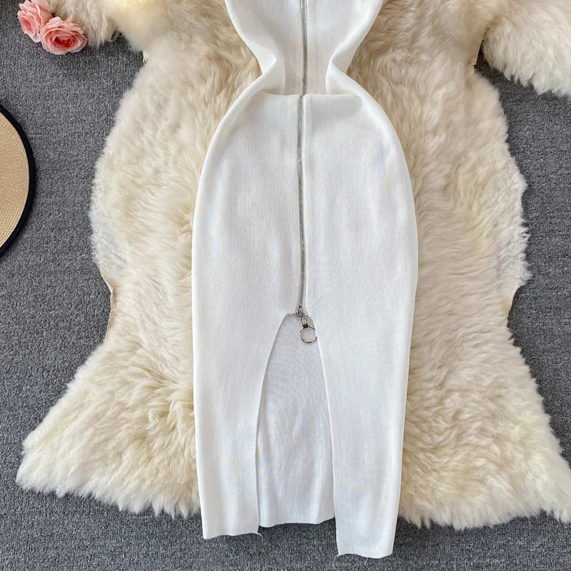 Zipple  2023 Sexy Summer Knit Strap Dress Women Tank Elatic Waist Bodycon Sundress Female Beach Split Backless Midi Dress
