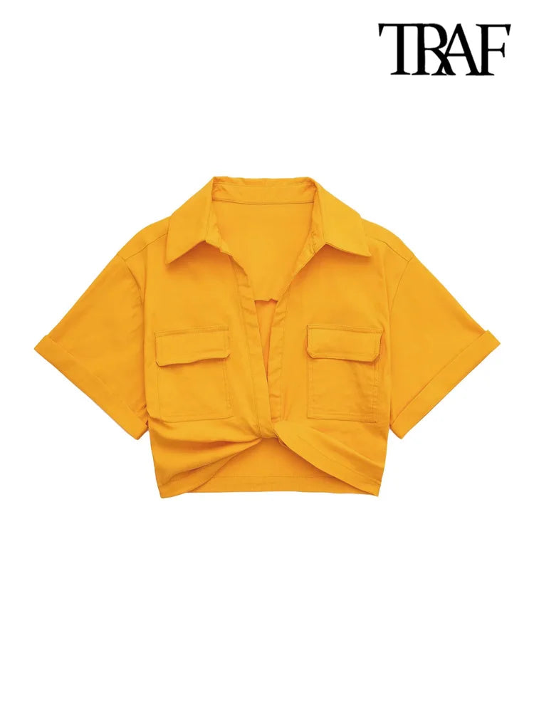 Women Fashion Front Knot Elastic Linen Cropped Shirts Vintage Short Sleeve Patch Pockets Female Blouses Blusa Chic Tops