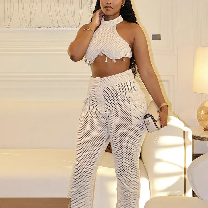 2025 Summer New Fashionable Women's Two Piece Solid Color Neck Hanging Skirt Top with Hollow Pocket Pants Set