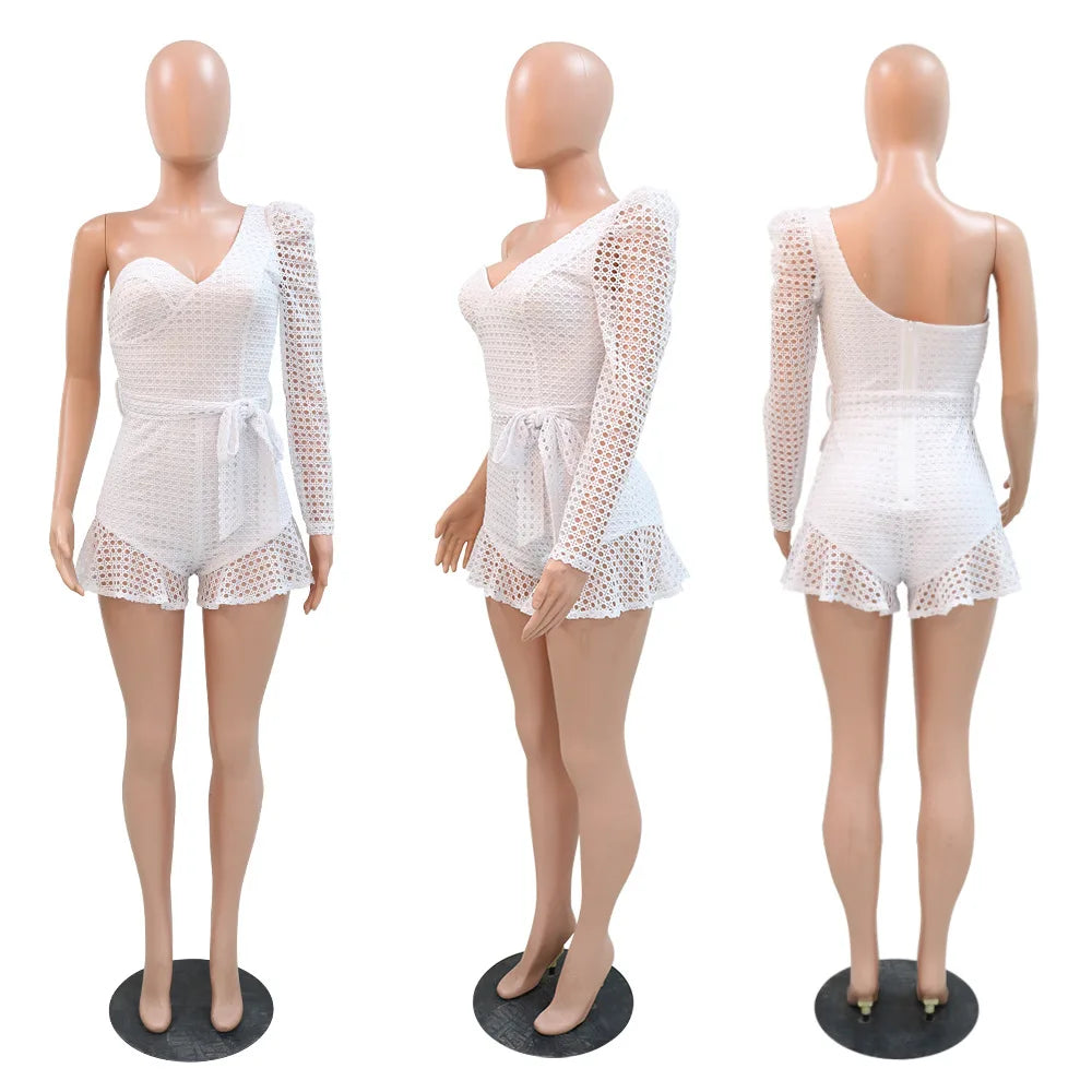 Women Sexy Solid Color One Shoulder Ruffles Decor Skinny Rompers Backless Playsuits with Belt