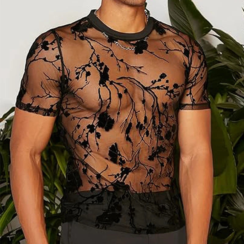 Summer Men's Clothing Mesh Lace Knit T-shirt Streetwear Hollow-Out O Neck Sweater Short Sleeve Tees Rose Printed Luxury Knitwear