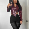 Sisterlinda Faux Leather Single Button Crop Jacket Women Autumn Trend Cross Neck Full Sleeve Wild Style Classic Streetwear Coat