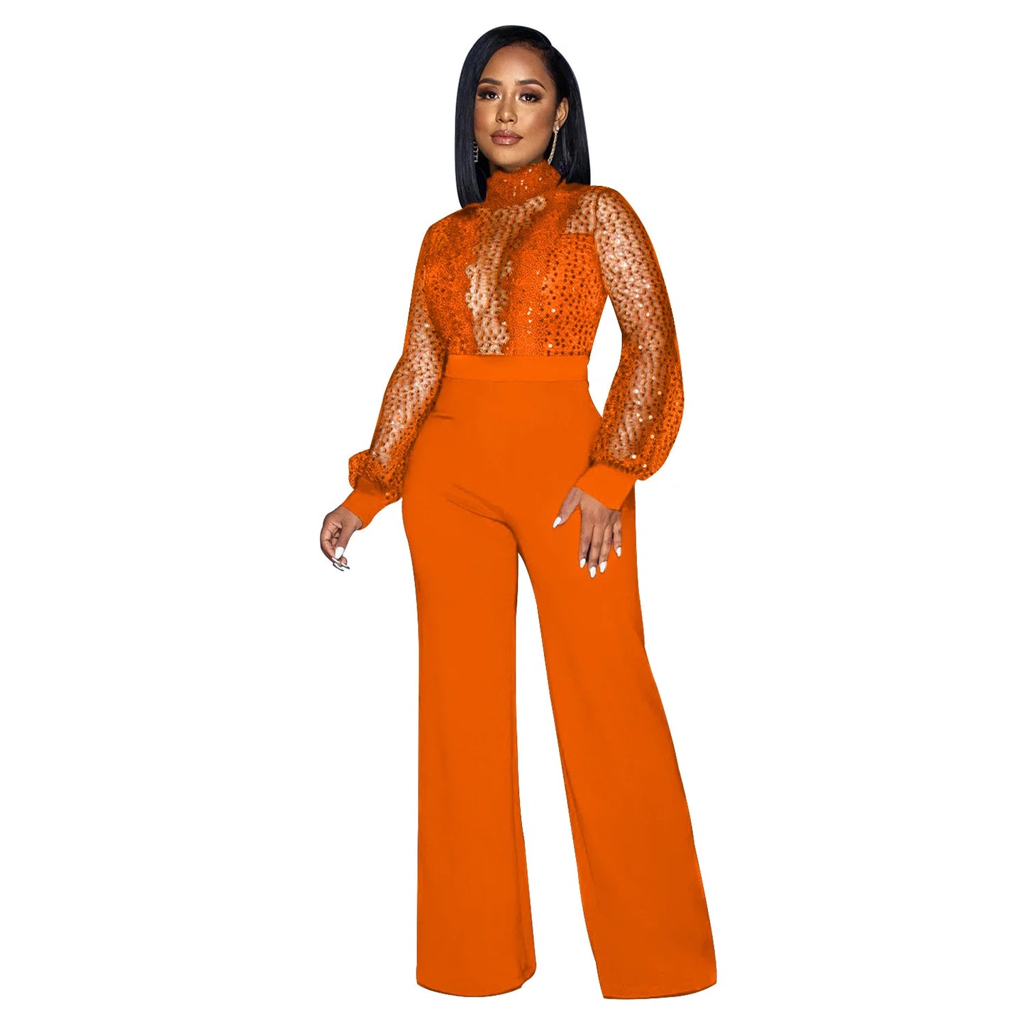 Fashion Women's Clothing Hollow Long-sleeved Loose Wide Leg Jumpsuits Overall Pants Solid Color Sexy Lace