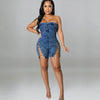 Rompers Women One Piece Elegant Splice Denim Jumpsuits Sexy Slim Fit Strapless Sleeveless Short Pants Sheath Playsuits