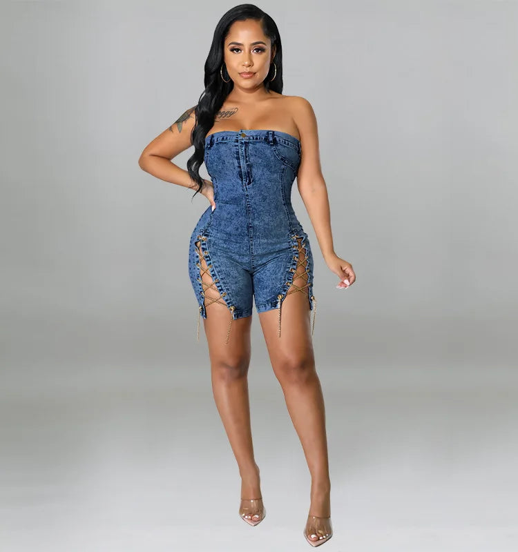 Rompers Women One Piece Elegant Splice Denim Jumpsuits Sexy Slim Fit Strapless Sleeveless Short Pants Sheath Playsuits