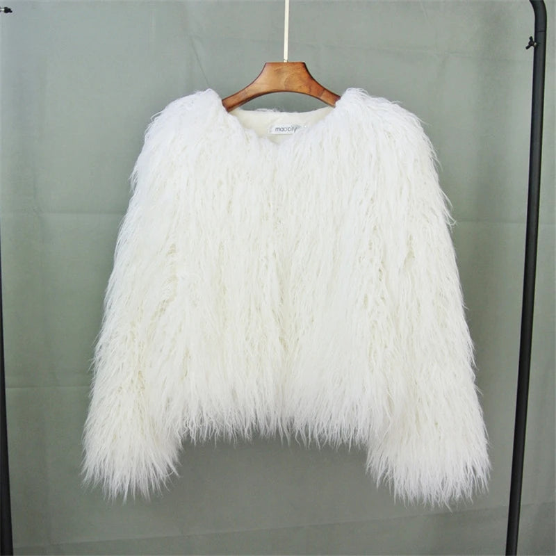 New Autumn Winter Warm Women Faux Fur Coat Loose Black White Pink Plush Coat Female Fur Jacket