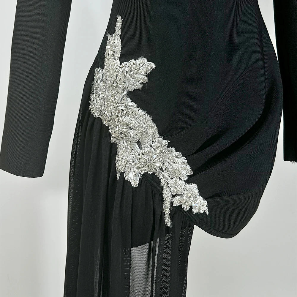 GPBD Sexy Bead Appliques Irregular High Low Dress Black Long Sleeved O-Neck Long Dresses Autumn Clothes Women 2024