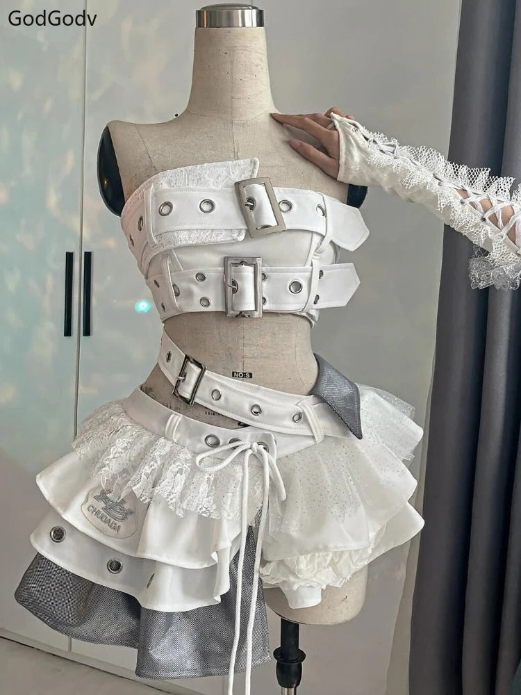 Punk Style Vintage Woman 2 Piece Sets Y2k Design Strapless Crop Tops + High Waist Ruffle Skirt Female Party Korea Style Outfits