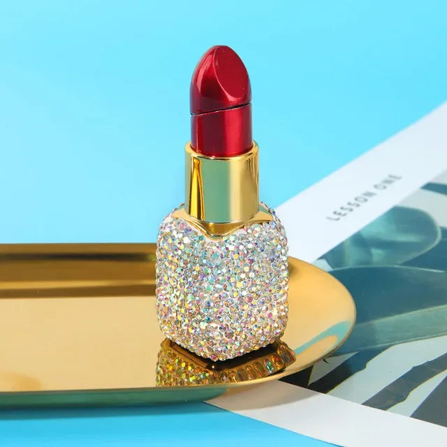 Luxury Diamond Lipstick Inflatable Lighter Mini Butane Pink Water Diamond Portable Lighter High End Women's Smoking Gift