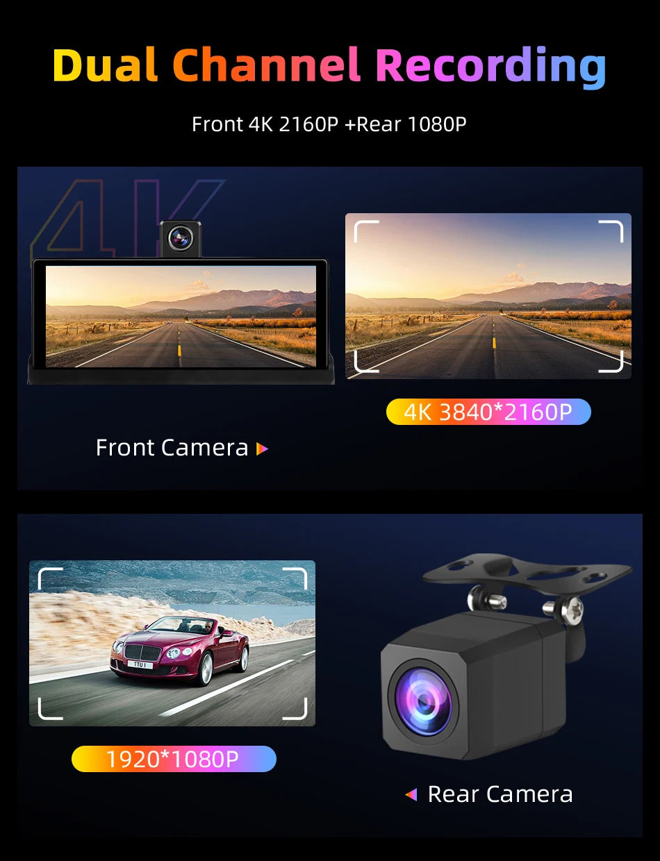 Develuck 10.26" Car DVR 350° Adjustable Carplay Android Auto Dash cam 4K Front&1080P Rear Camera Voice Control WIFI Dual lens FM