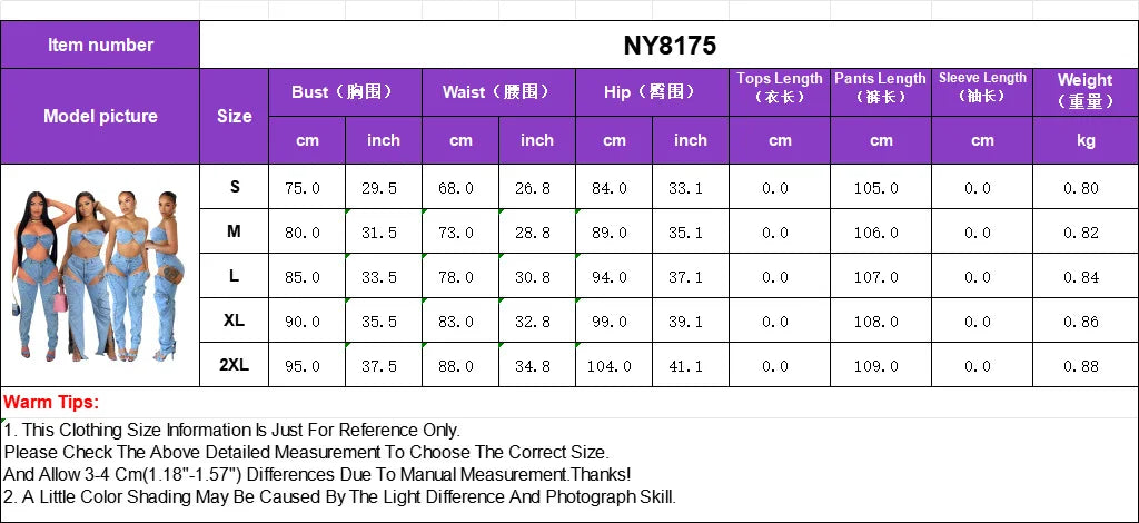 Denim Pants Sets for Women 2024 Sexy Streetwear Two Piece Set Outfits Chest Wrap Sleeveless Backless Top Hollow Out Jeans