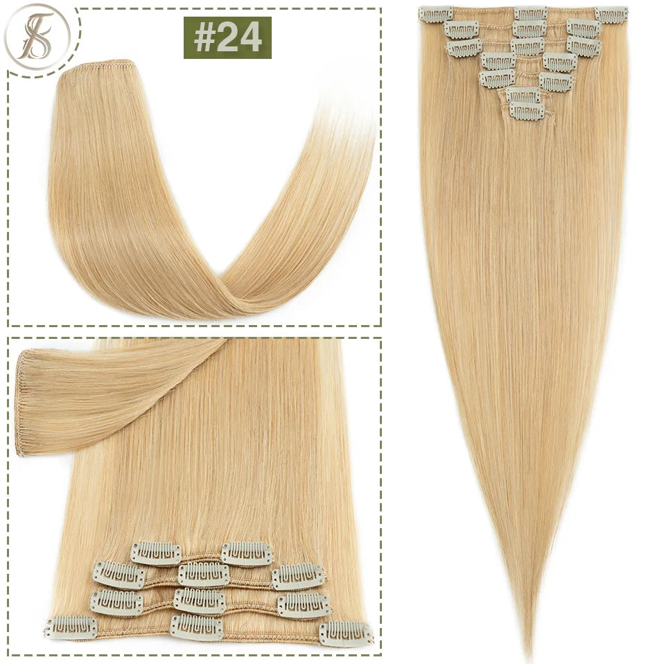 TESS 7Pcs/Set Human Hair Clip In Hair Extensions Natural Extension 14"-24" Full Head Blonde Human Hair Clip Ins Remy Hair Pieces