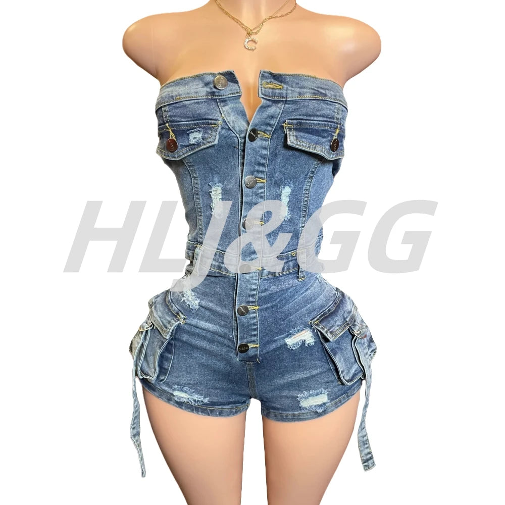 HLJ&GG Blue Sexy Denim Pocket Cargo Bodycon Rompers Women Off Shoulder Sleeveless Backless Slim Jumpsuit Fashion Cowboy Playsuit