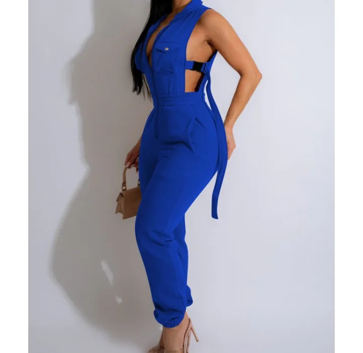 Jumpsuits for Women 2024 Summer Sexy Spicy Girl Side Button Zipper Sleeveless 4 Pocket Jumpsuit Streetwear Fashion Overalls