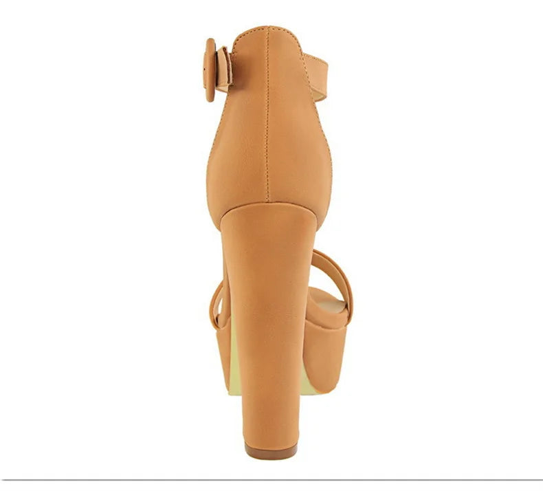 Fashion Women Pumps Sandals Summer Platform Belt Buckle Strap PU Square Heel Outdoor Korean Style Black Open Toe Grace 1550-1