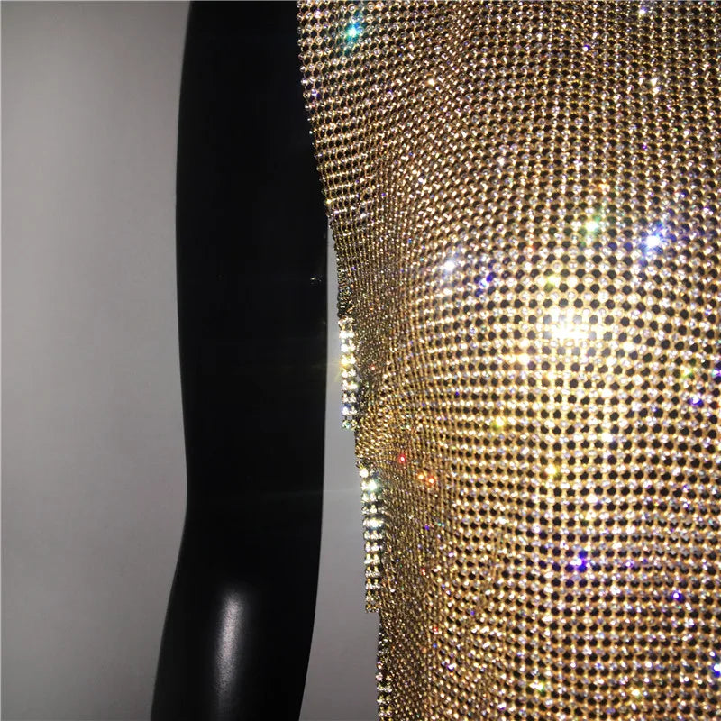Sexy Rhinestone Backless Party Crop Top Women Glitter Turtleneck TShirt Adjustable Metal Chain Summer Nightculb Diamond Tank Top