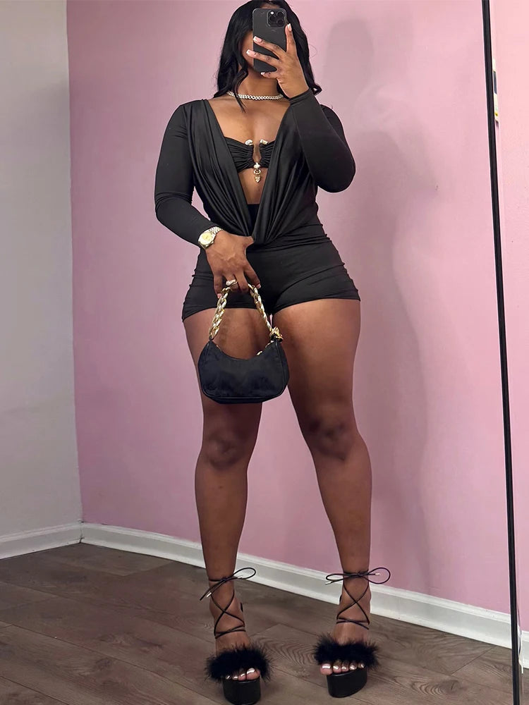 Insglas Spring Trend Swing Collar Sexy Women Romper+Metal buckle Bra Hipster Midnight Party New Workout Fit Coquette Playsuits