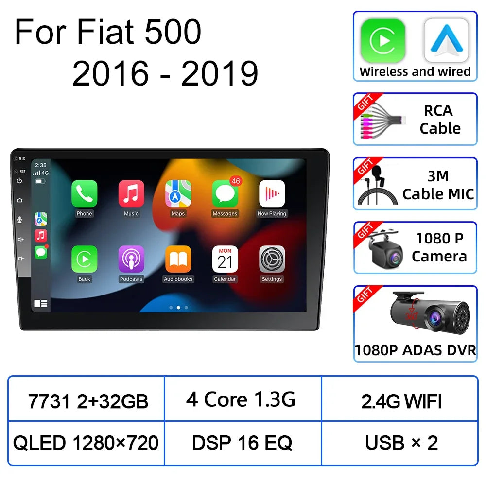 For Fiat 500 2016 2017 2018 2019 Car Multimedia Carplay Android Auto GPS stereo Radio Video Palyer 10 Inch Head Unit