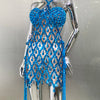 Blue Sequins Shining Diamonds Long Tassel Sleeveless Mini Dress 2 Pieces High Quality Birthday Party Outfit Performances Costume