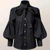 Gymystars New Trendy Imitation Denim Blouse Tops for Women Long Puff Sleeves Bow-Embellished High Neck Women's Autumn Shirts