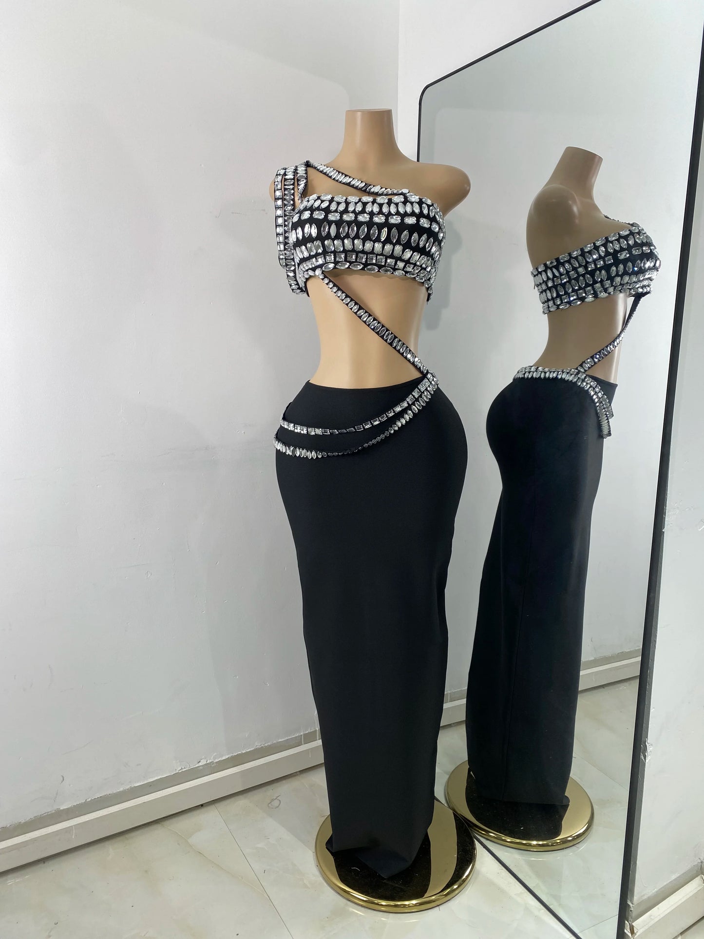 Luxury Crystal Diamonds Top Skirt Two Pieces Women's Bandage Sets White Black Knitted Celebrity Evening Birthday Party Outfit