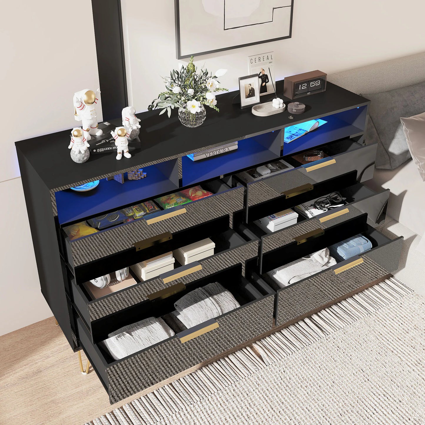 6 Drawers Dresser for Bedroom with LED Lights, High Gloss Chest of Drawers with Metal Legs, Modern Wood Closet Storage Organizer