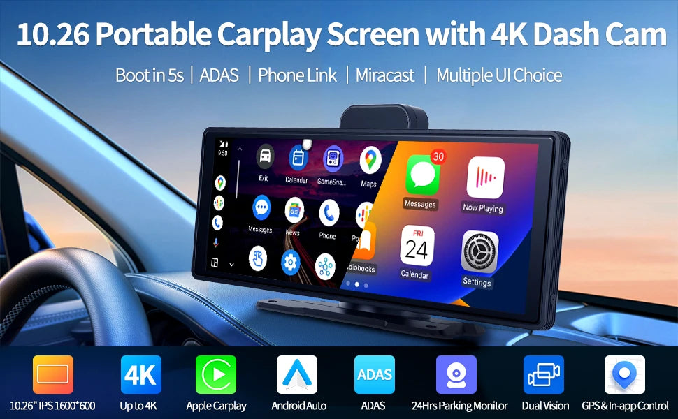 Imagebon 10.26" 4K ADAS Wireless CarPlay & Android Auto Dash Cam Night Vision 24h Park Monitoring Loop Recording GPS FM Car DVR