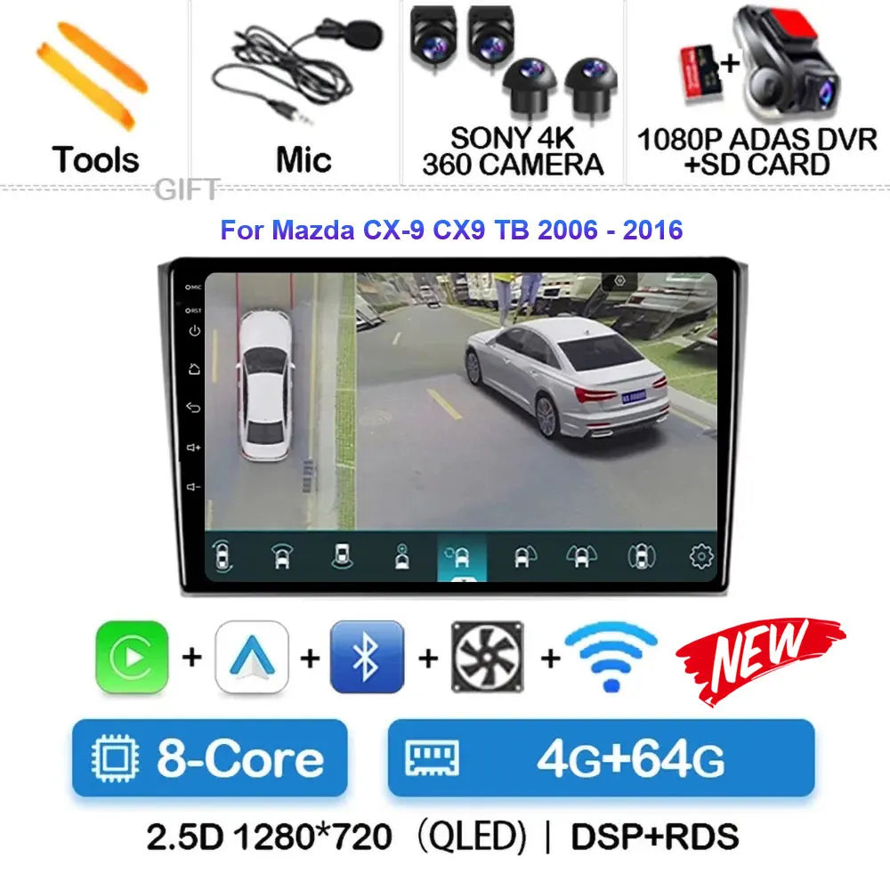 Android 14 Carplay Auto For Mazda CX9 CX-9 TB 2006 2007 2008 2009 2010 2016 Car Radio Multimedia Player Video Stereo WIFI+4G DSP