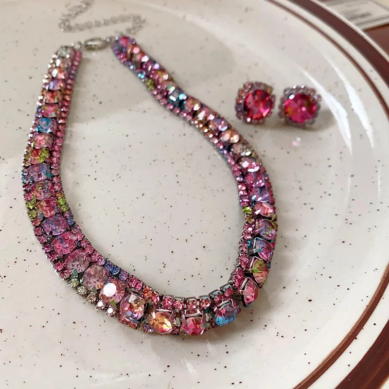 Square Crystal Choker Necklace Luxury Style Temperament Collarbone Chain Neck Chain Exquisite Collar Decoration