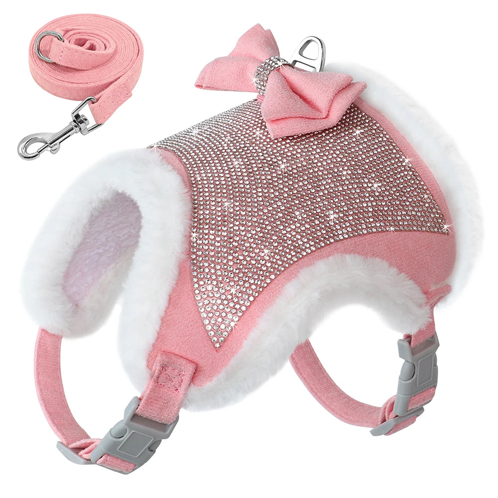 Rhinestone Dog Harness and Leash Set Soft Warm Pet Harness Vest Dogs Bowknot Harness Lead Adjustable For Chihuahua Dogs Cats