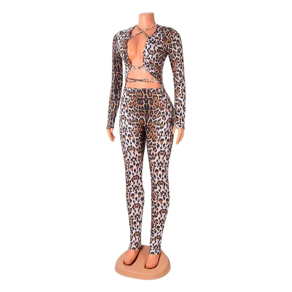 HLJ Sexy Backless Lace Up Leopard Bodycon Jumpsuits Women O Neck Long Sleeve Skinny Pants One Piece Playsuits Fashion Overall
