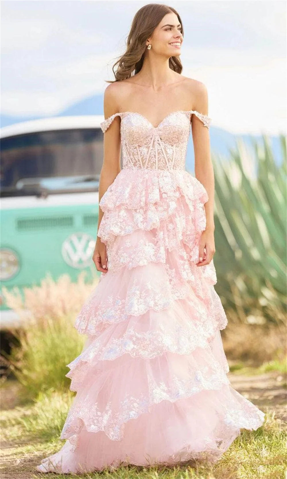 Amanda Elegant Off Shoulder Multilayer Prom Dress Customized Side High Split Lace Vestidos De Fiesta Princess Shiny فساتين سهرة