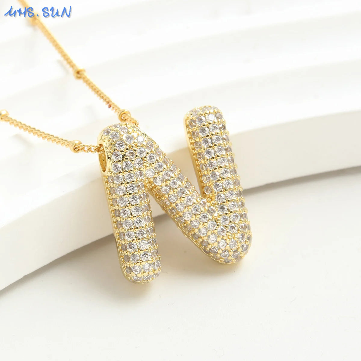 SUNSLL Cubic Zircon A-Z 26 Bubble Letter Necklace 2 Sizes Gold Plated M Chunky Balloon Initials Pendant Women Chain Jewelry 2024