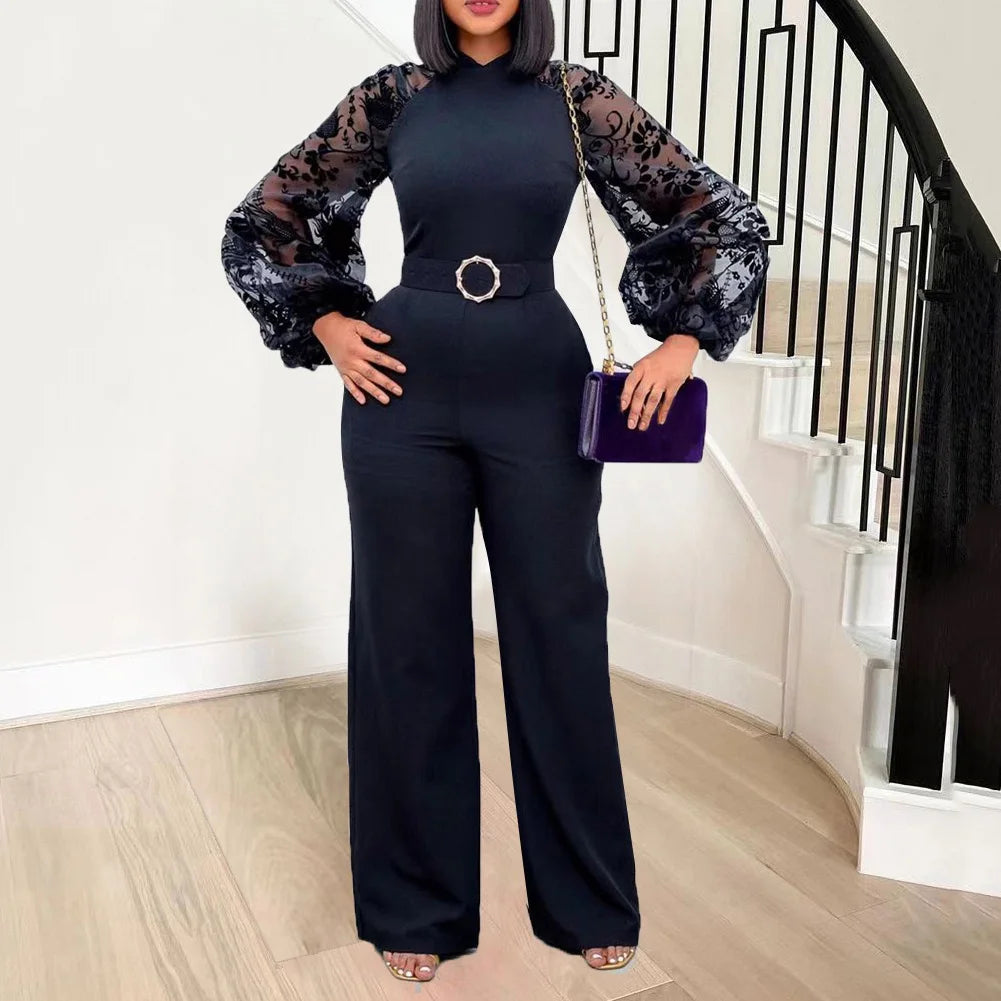 Elegant Jumpsuits & Rompers for Women O Neck Full Sleeve Belt Waisted Straight African Birthday Party Dinner Overalls Clothes OL