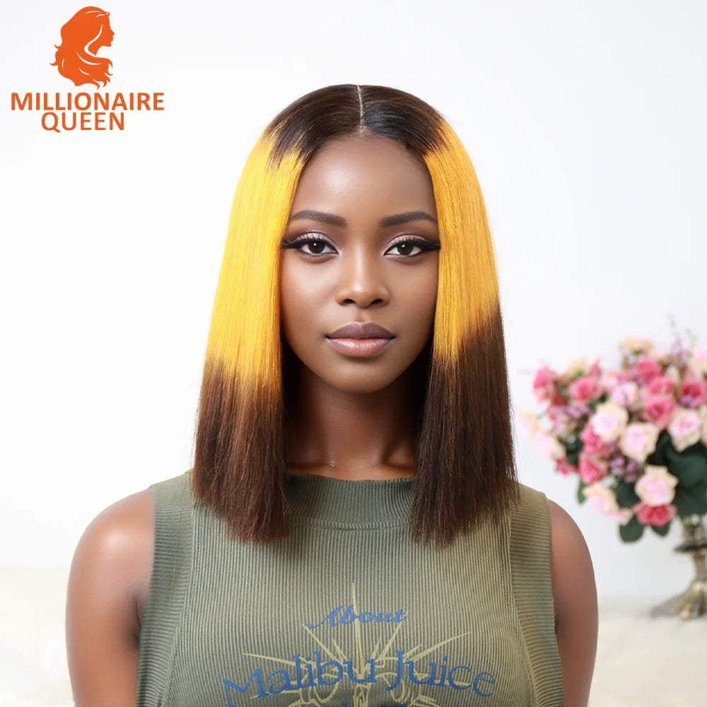 Vietname Super Double Drawn Bone Straight 2x6 Bob Wig with 100% Human Hair Orange Candy 250% Density For Black Women