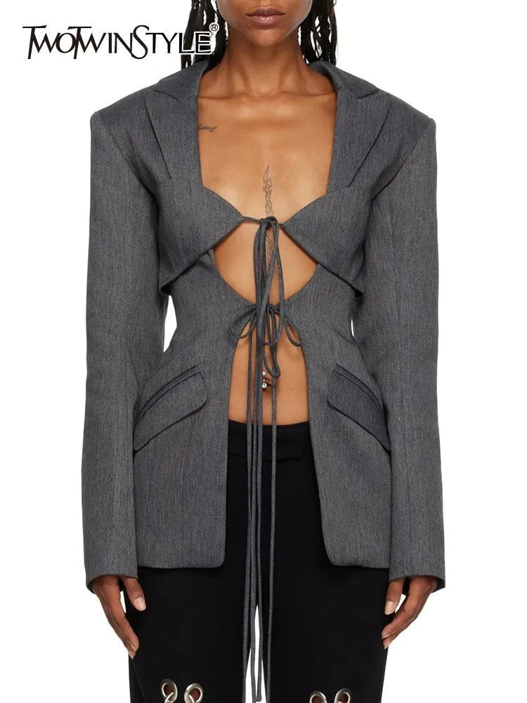 TWOTWINSTYLE Patchwork Lace Up Hollow Out Blazer For Women Notched Collar Long Sleeve Tunic Designer Blazers Female Fashion New