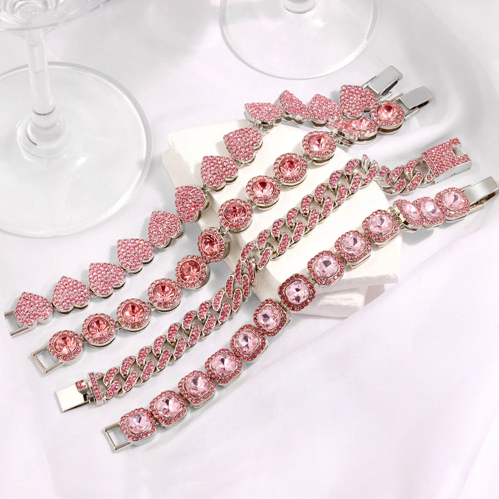 Iced Out Pink Cuban Bracelet for Women Hip Hop Gold Silver Color Crystal Heart Circle Square Bracelet 4Pcs Set Jewelry Gift