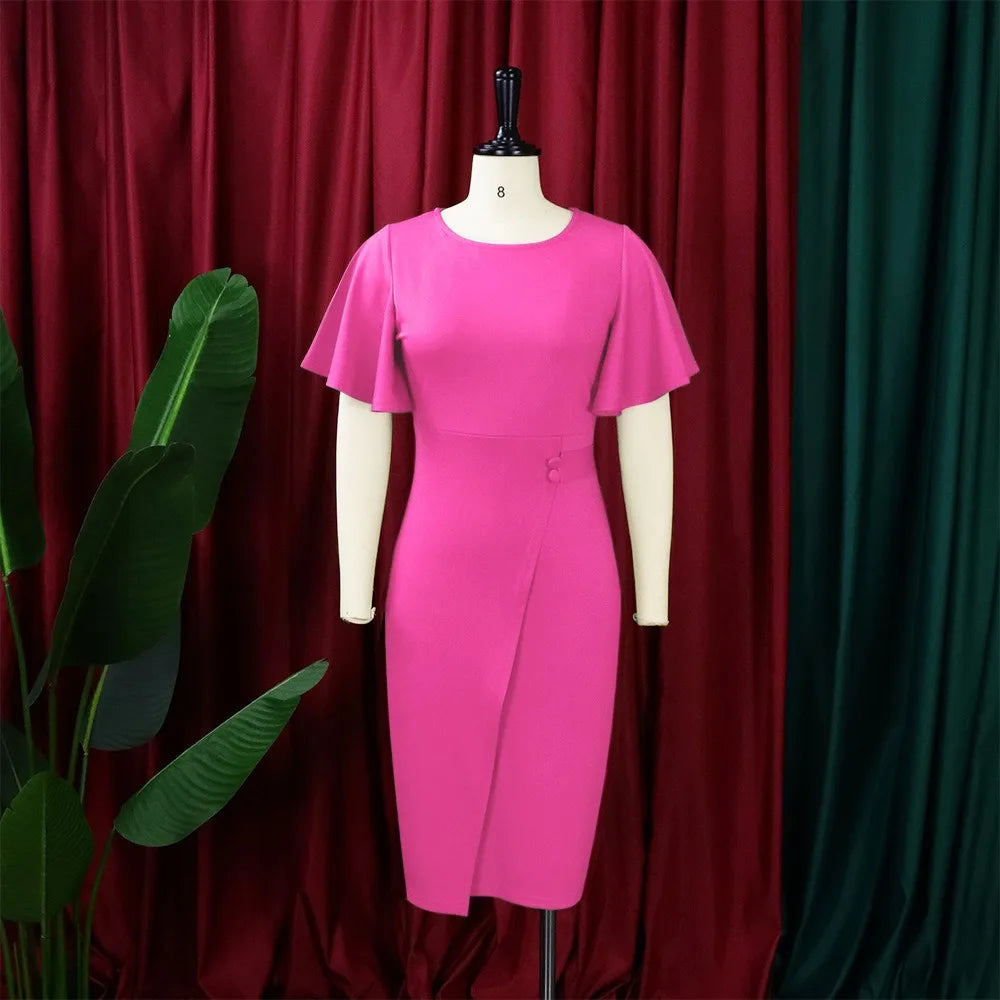Dress Women Mid Length Dresses Green Slim Ruffles Bodycon Round Neck Short Sleeve Sexy Elegant Party High Waist Vestidos