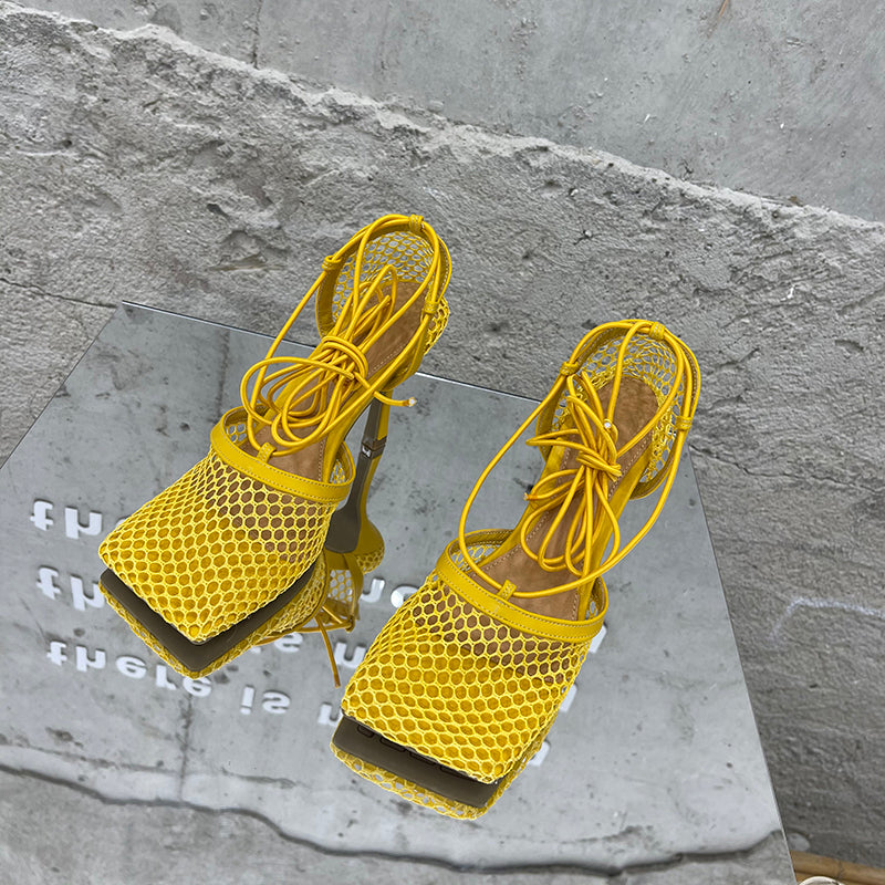 Aneikeh 2024 Summer Sexy Mesh Pumps Sandals Female Square Toe High Heel Lace Up Cross-Tied Stiletto Hollow Dress Party Shoes
