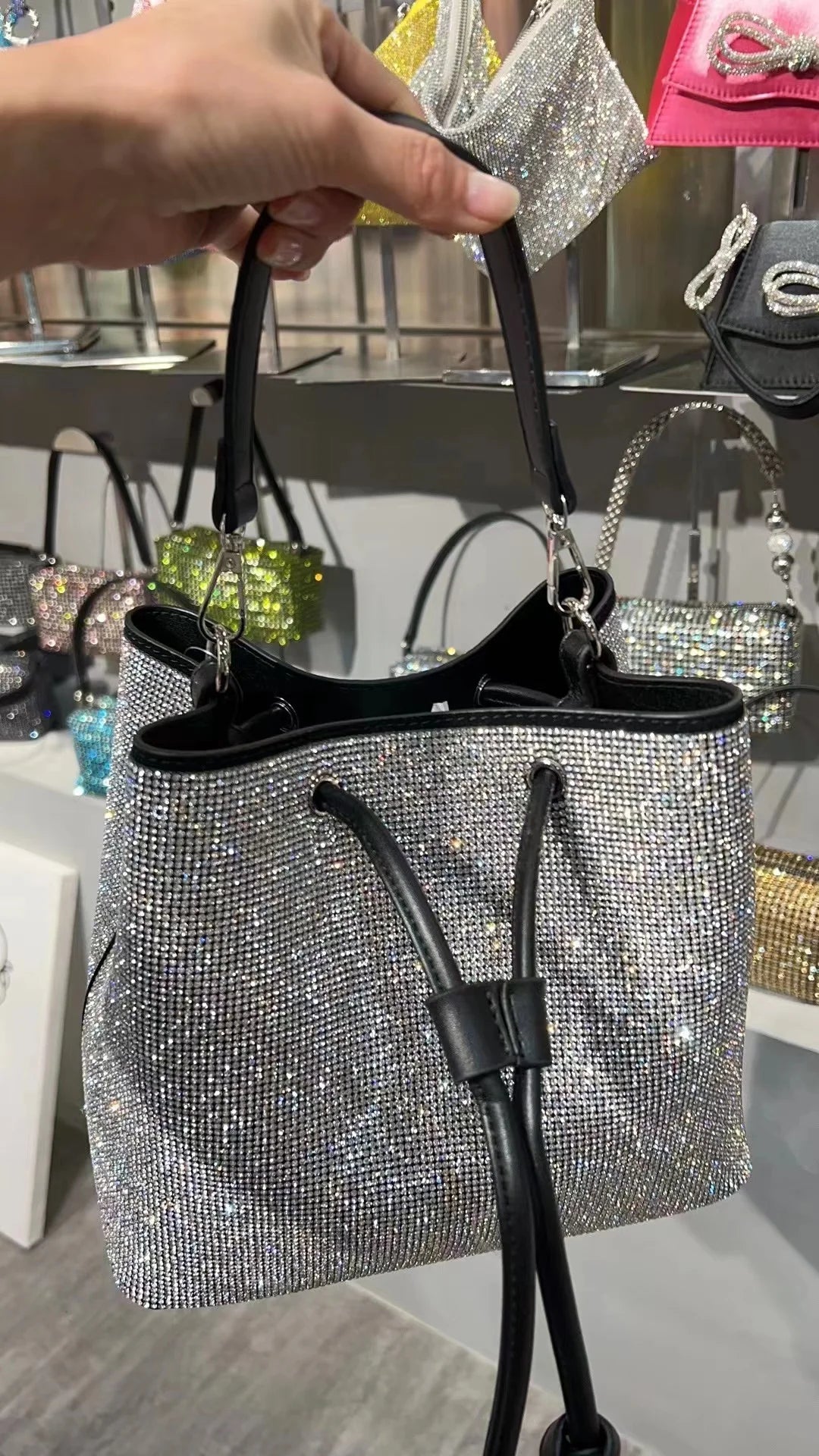 Luxury Crystal Shiny Rhinestone Diamond Bucket Bag Female Bling Evening Bag Lady Purse Women's Handbag Shoulder Messenger Bag
