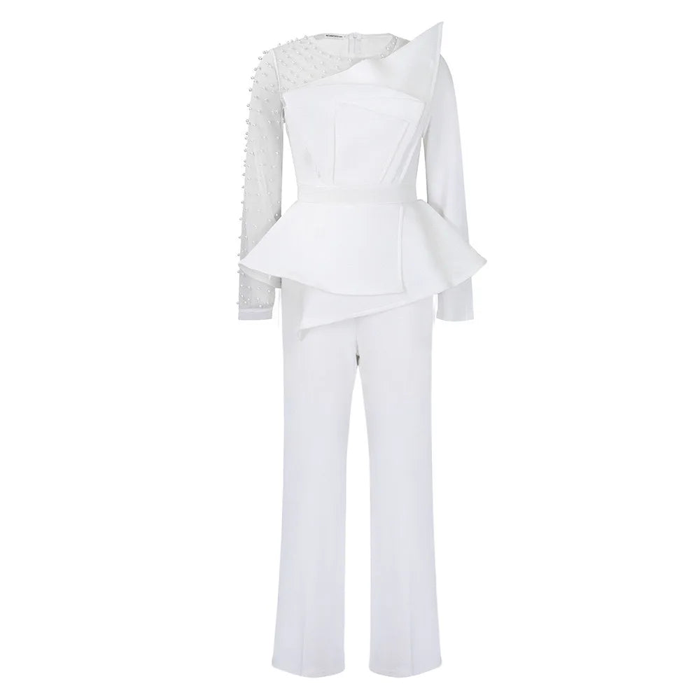 Luxury Jumpsuits & Rompers for Women Round Neck Beaded Transparent Sleeve High Waisted Elegant Female Birthday Party Overalls