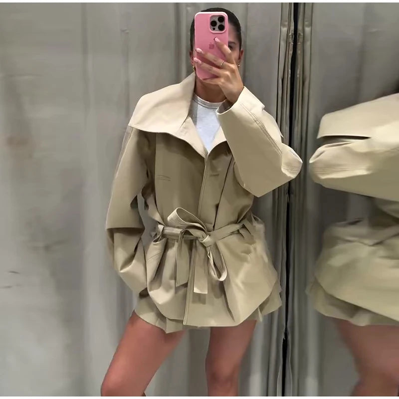 Fashion Belt Short Trench Coat Women Stand Collar Double Breasted Pocket Long Sleeve Coats 2025 Autumn Lady Commute Chic Outwear