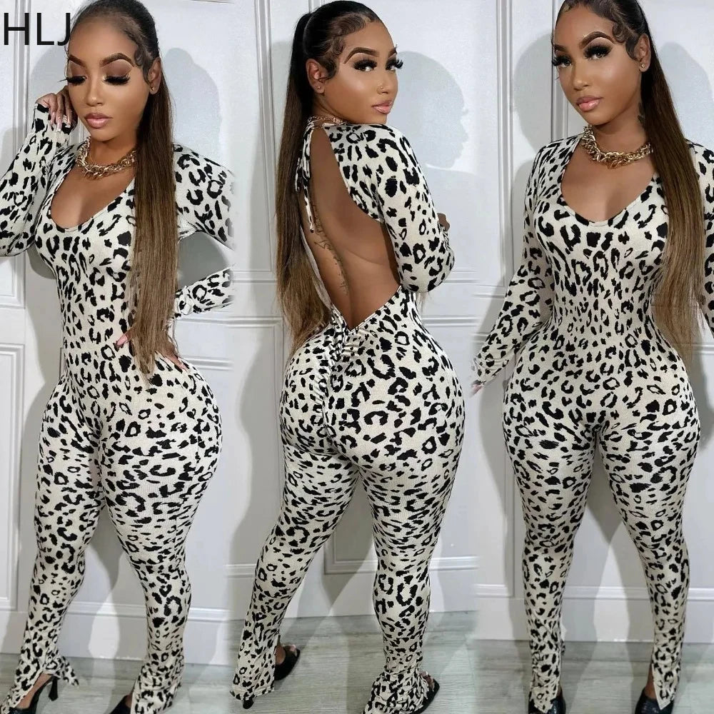 HLJ Sexy Backless Lace Up Leopard Bodycon Jumpsuits Women O Neck Long Sleeve Skinny Pants One Piece Playsuits Fashion Overall