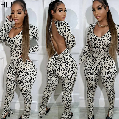 HLJ Sexy Backless Lace Up Leopard Bodycon Jumpsuits Women O Neck Long Sleeve Skinny Pants One Piece Playsuits Fashion Overall