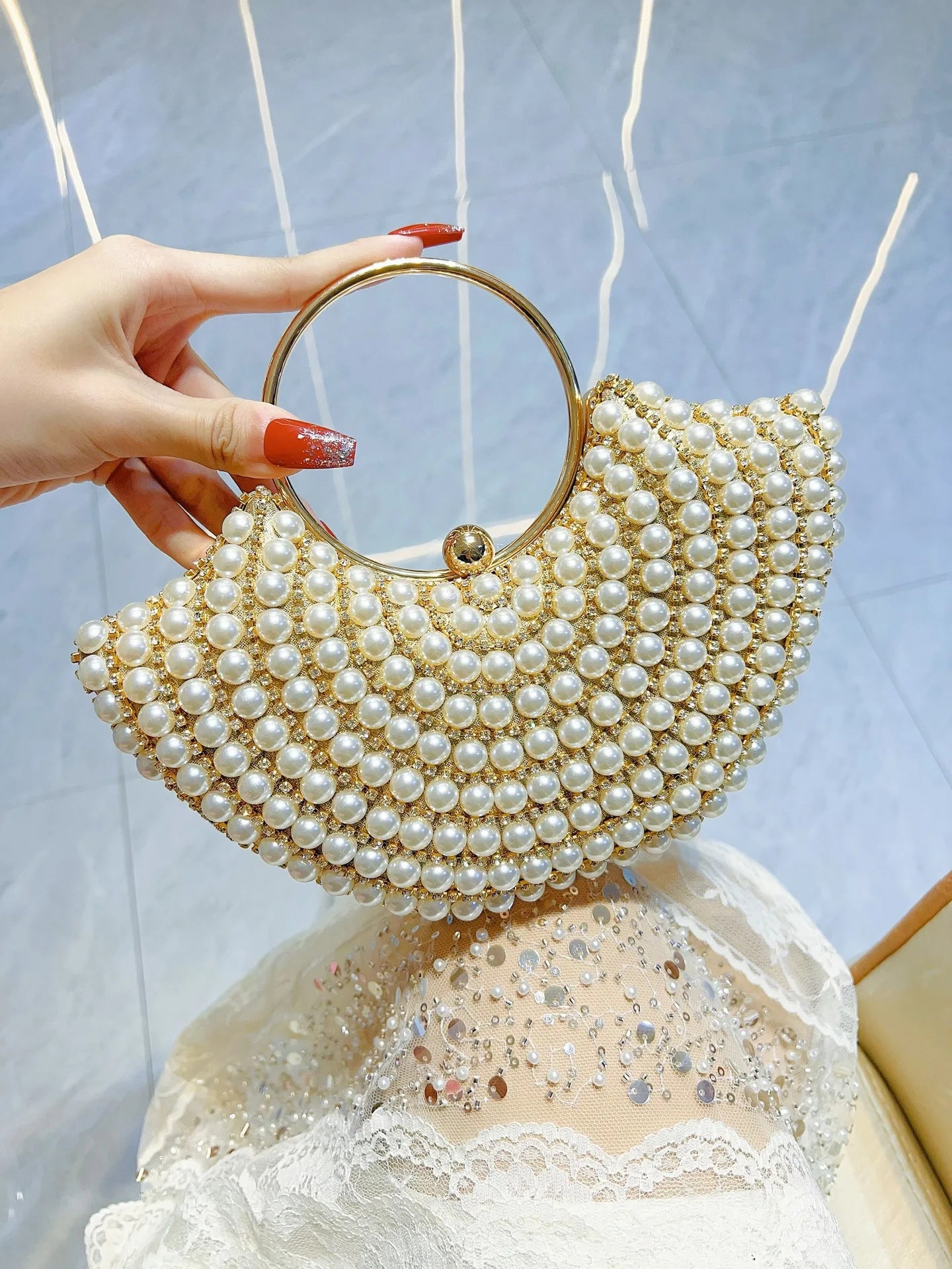 Luxurious Design Sparkling Banquet Clutch Bag Fashion Pearl inlay Wedding Handbag Lady Chain Shoulder Bag New Clutch Purse