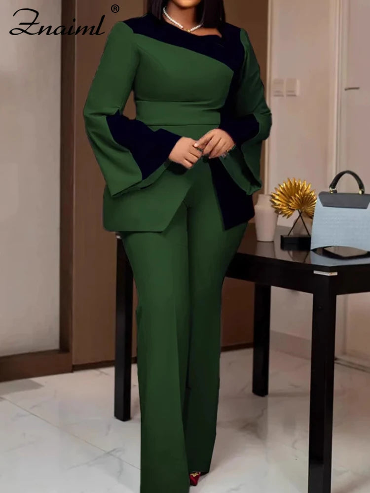 Znaiml Women's Fashion Patchwork Long Flare Sleeve Tops and Wide Leg Pants Blue Two 2 Piece Set Casual OL Work African Outfit
